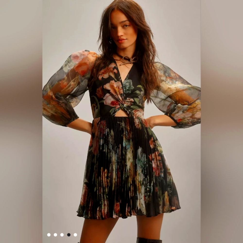 Pankaj & Nidhi Long Sleeve V-Neck Cutout Mini Dress